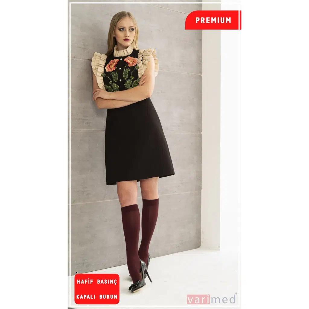 V31112 Varicease Premium CCL1 Hafif Basınç Diz Altı Kapalı Burun Normal Boy Varis Çorabı - Bordo