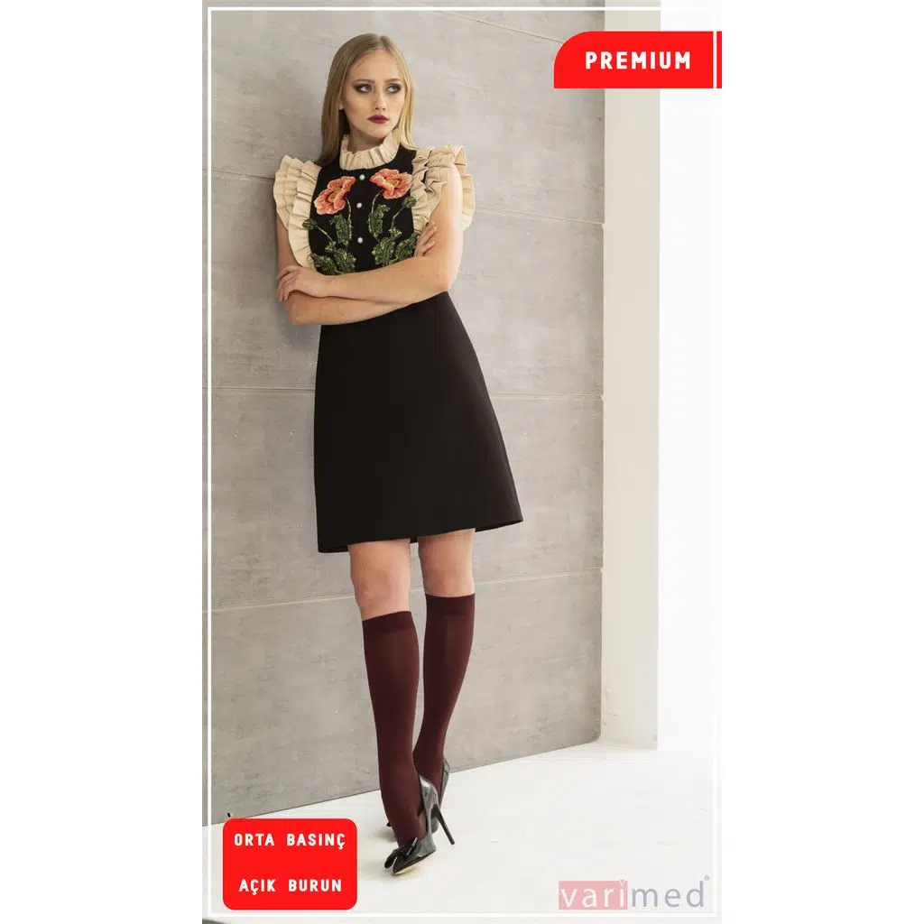 V32101 Varimed Premium CCL2 Orta Basınç Diz Altı Açık Burun Kısa Boy Varis Çorabı - Bordo