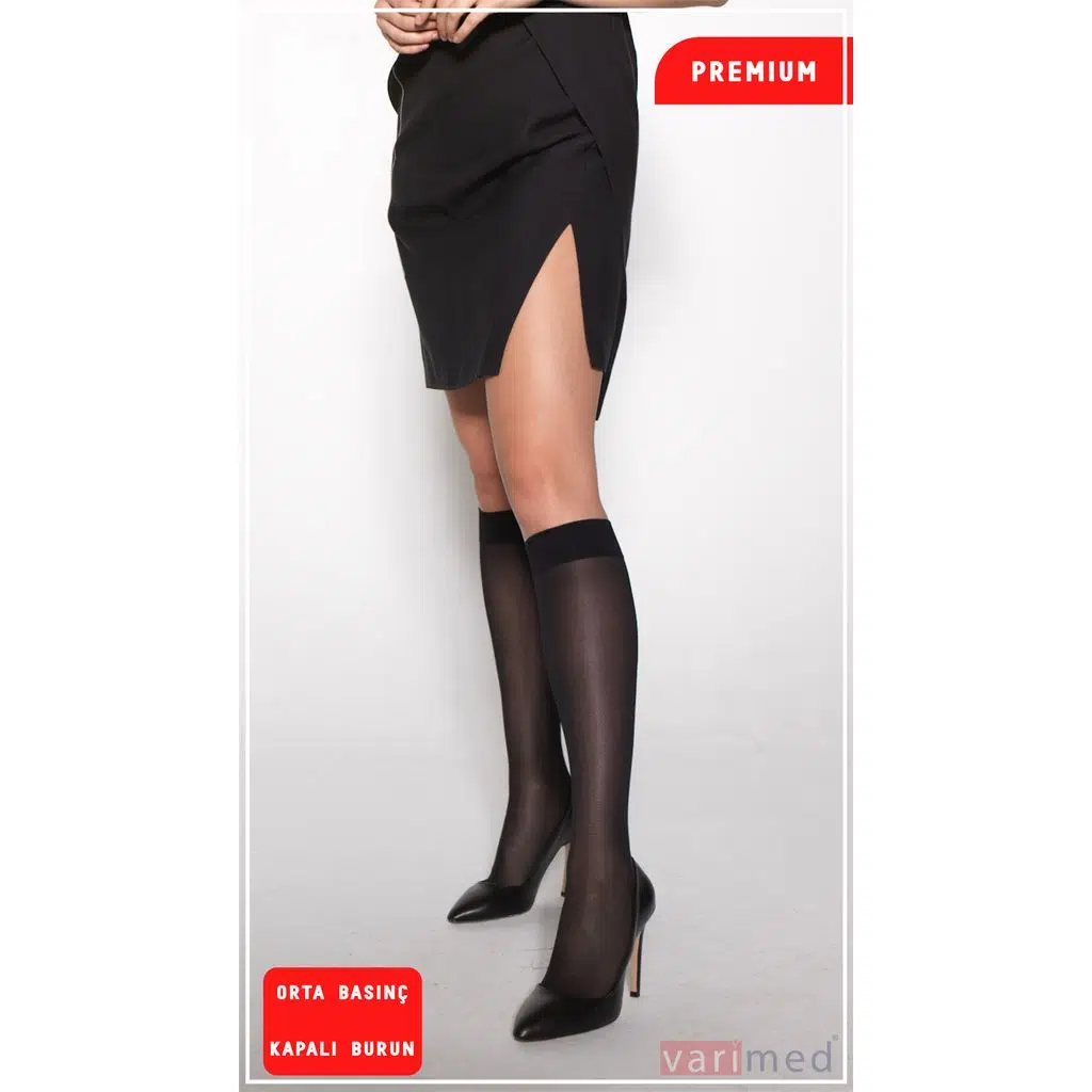 V32112 Varimed Premium CCL2 Orta Basınç Diz Altı Kapalı Burun Normal Boy Varis Çorabı - Siyah