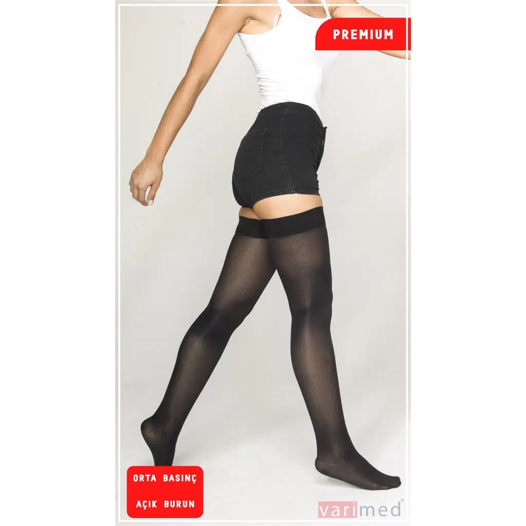 V32302 Varimed Premium CCL2 Orta Basınç Diz Üstü Açık Burun Normal Boy Varis Çorabı - Siyah